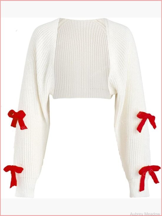 Sweaters - Cropped Cardigan Bow Knit Open Front Long Sleeve Sweater Shrug